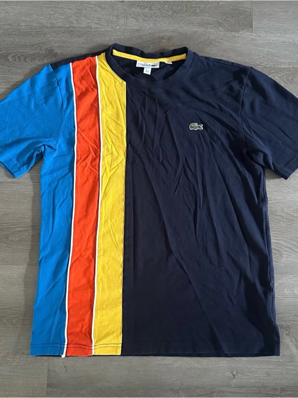 Lacoste Sport Men Large Blue Crewneck Multicolor Striped Shirt 100% cotton  Sz M